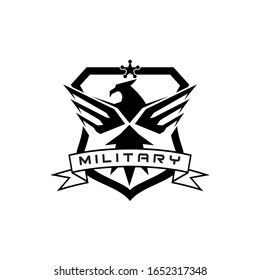 military flying  falcon eagle logo design in badge shield design template, emblem logo for military tactical armory security