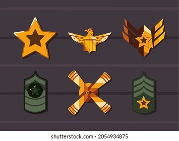 Military forces badges symbols on striped background