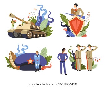 Fuerzas militares. Lanzador de cohetes a tanque montado por la unidad de la fuerza terrestre. Soldados del ejército saludando al oficial general. Guardia armada con armas y escudo para el concepto de protección. Capa uniforme, vector estrella.