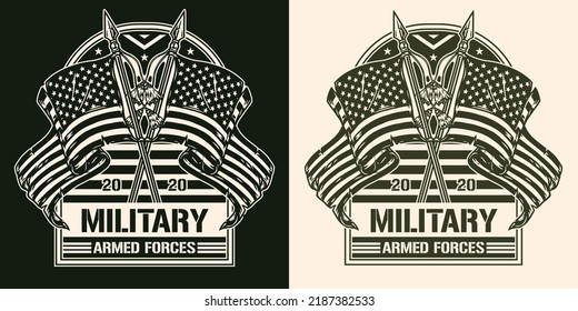 Military forces monochrome vintage sticker two American flags in grunge style for army ammunition soldiers or combat veterans vector illustration