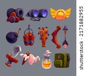 Military game icons cartoon vector set. Isolated war weapon collection, cannon with bomb, binoculars and sword, dynamite and incendiary mixture in bottle, white flag and spiked mace, golden badge