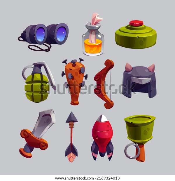 Military game icons cartoon vector set. Isolated war
weapon collection, mine and hand lemon grenade, binoculars and
sword, incendiary mixture in bottle, horned helmet and spiked mace,
rocket bomb