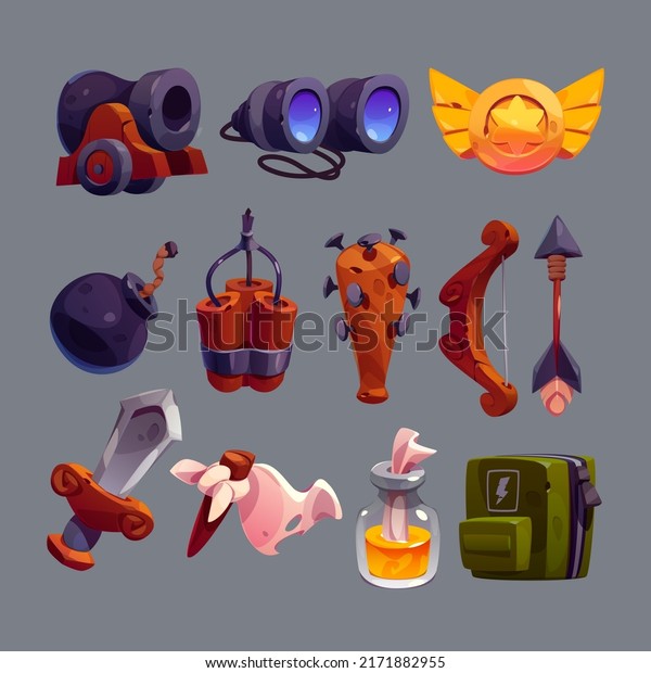 Military game icons cartoon vector set. Isolated\
war weapon collection, cannon with bomb, binoculars and sword,\
dynamite and incendiary mixture in bottle, white flag and spiked\
mace, golden badge
