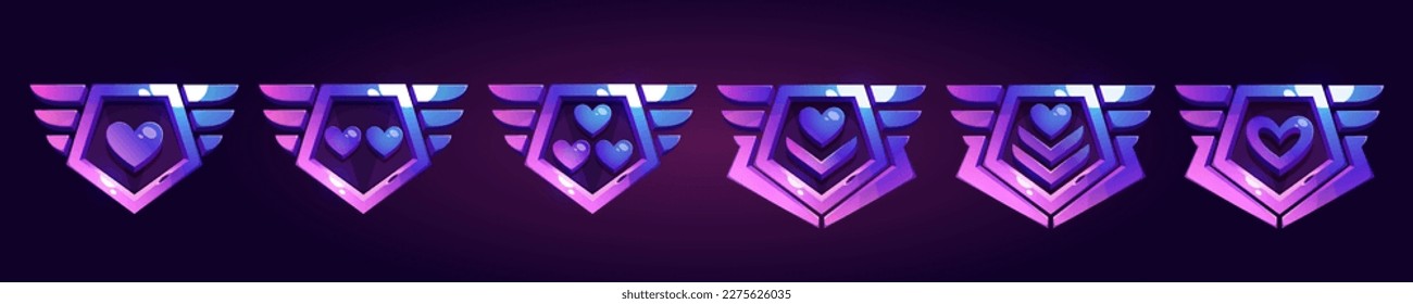 Military game insignia rank badge cartoon vector illustration. Isolated purple medal with heart for level achievement on dark background. 3d shield label for progress evolution emblem or reward.