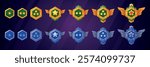 Military game rank badges. Army ranking badge gold silver metal emblem, war gaming insignia level achievement medal with star wing pilot award cartoon ui swanky vector illustration original artwork