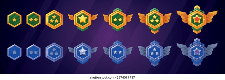 Military game rank badges. Army ranking badge gold silver metal emblem, war gaming insignia level achievement medal with star wing pilot award cartoon ui swanky vector illustration original artwork