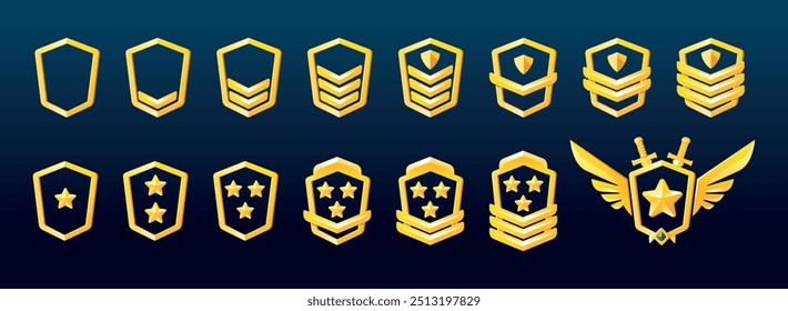 Military game rank badges with stars, chevrons, wings. Illustration of silver metal pentagonal medals with pentagonal insignia. Gui progress symbol. Achievement award.