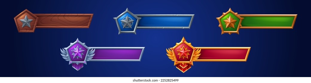 Military game rank buttons set isolated on background. Vector cartoon illustration of level plaques with wooden and metal textures, colorful star insignia badges decorated with gemstones and wings