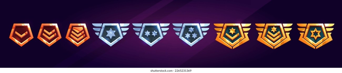 Juego de vectores de rango de juego militar. Medalla de la insignia militar de los Emiratos Árabes Unidos. Medalla aislada de oro, plata y bronce con estrellas por logro de nivel. Progreso en la aplicación de fantasía para calificar la experiencia del ejército.