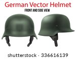 Military German green helmet of WW2. Historical reenactment. Metallic army symbol of defense. Vector illustration Isolated on white background. 