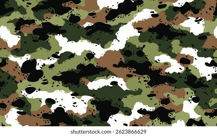 Military green camouflage pattern background. Camouflage pattern background design with copy space. Camo pattern background for wallpaper or backdrop. Camouflage print background.