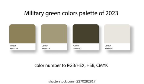 Paleta de colores verdes militares de 2023. Colección de guías de color de tendencia en RGB, CMYK. Colores para la moda, el interior del hogar, el diseño.