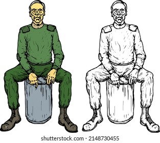 Military guard wearing green uniform on sentry duty sitting on a barrier post, isolated against white. Hand drawn vector illustration.