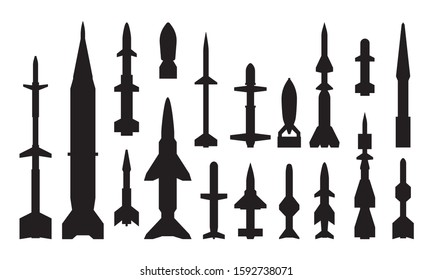 Military guided weapon black glyph icons set. Atomic and nuclear equipment. Army missiles and targeting warheads. War munition. Rockets vector silhouettes isolated on white background