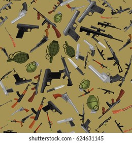 military gun seamless pattern, automatic and hand weapon in magazine barrel with bullets for protection shoting or war texture, handgun for hunting and police equipment background vector illustration