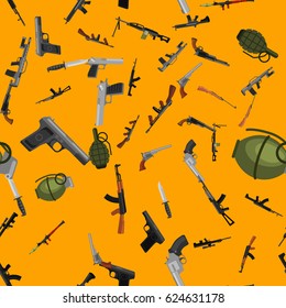 military gun seamless pattern, automatic and hand weapon in magazine barrel with bullets for protection shoting or war texture, handgun for hunting and police equipment background vector illustration