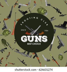military gun seamless pattern, automatic and hand weapon in magazine barrel with bullets for protection shoting or war texture, handgun for hunting and police equipment background vector illustration