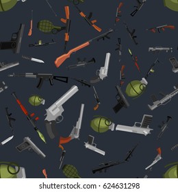 military gun seamless pattern, automatic and hand weapon in magazine barrel with bullets for protection shoting or war texture, handgun for hunting and police equipment background vector illustration