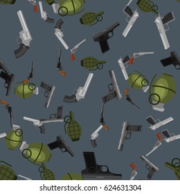 military gun seamless pattern, automatic and hand weapon in magazine barrel with bullets for protection shoting or war texture, handgun for hunting and police equipment background vector illustration