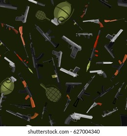 Schusswaffennahtloses Muster, automatische Waffe und Handwaffe in Zeitschriftenfass mit Kugeln zum Schützen von Schuss- oder Kriegsstruktur, Handgewehr für die Jagd und Polizeiausrüstung Vektorillustration