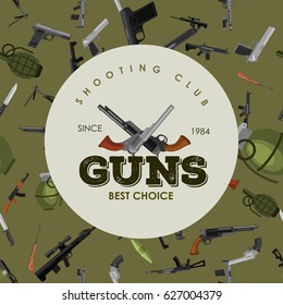 military gun seamless pattern, automatic and hand weapon in magazine barrel with bullets for protection shoting or war texture, handgun for hunting and police equipment background vector illustration