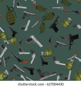 military gun seamless pattern, automatic and hand weapon in magazine barrel with bullets for protection shoting or war texture, handgun for hunting and police equipment background vector illustration