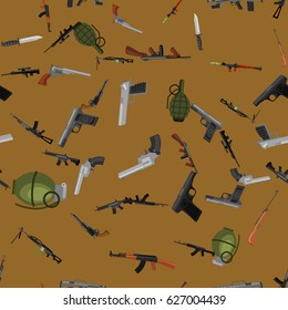 military gun seamless pattern, automatic and hand weapon in magazine barrel with bullets for protection shoting or war texture, handgun for hunting and police equipment background vector illustration