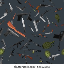 military gun seamless pattern, automatic and hand weapon in magazine barrel with bullets for protection shoting or war texture, handgun for hunting and police equipment background vector illustration