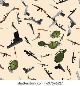 military gun seamless pattern, automatic and hand weapon in magazine barrel with bullets for protection shoting or war texture, handgun for hunting and police equipment background vector illustration