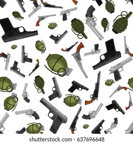 military gun seamless pattern, automatic and hand weapon in magazine barrel with bullets for protection shoting or war texture, handgun for hunting and police equipment background vector illustration