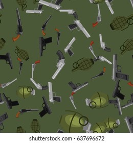 military gun seamless pattern, automatic and hand weapon in magazine barrel with bullets for protection shoting or war texture, handgun for hunting and police equipment background vector illustration