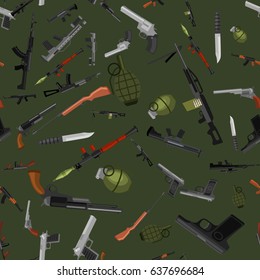military gun seamless pattern, automatic and hand weapon in magazine barrel with bullets for protection shoting or war texture, handgun for hunting and police equipment background vector illustration