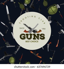 military gun seamless pattern, automatic and hand weapon in magazine barrel with bullets for protection shoting or war texture, handgun for hunting and police equipment background vector illustration