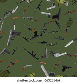 military gun seamless pattern, automatic and hand weapon in magazine barrel with bullets for protection shoting or war texture, handgun for hunting and police equipment background vector illustration