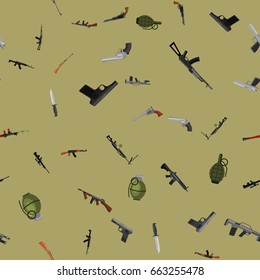 military gun seamless pattern, automatic and hand weapon in magazine barrel with bullets for protection shoting or war texture, handgun for hunting and police equipment background vector illustration