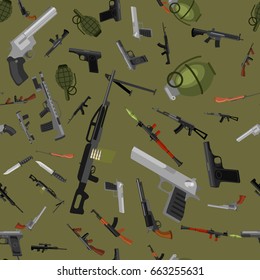 military gun seamless pattern, automatic and hand weapon in magazine barrel with bullets for protection shoting or war texture, handgun for hunting and police equipment background vector illustration