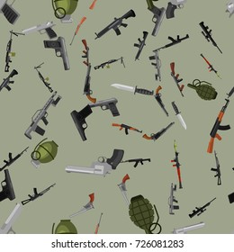 military gun seamless pattern, automatic and hand weapon in magazine barrel with bullets for protection shoting or war texture, handgun for hunting and police equipment background vector illustration