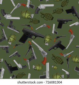 military gun seamless pattern, automatic and hand weapon in magazine barrel with bullets for protection shoting or war texture, handgun for hunting and police equipment background vector illustration