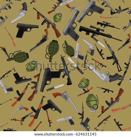 military gun seamless pattern, automatic and hand weapon in magazine barrel with bullets for protection shoting or war texture, handgun for hunting and police equipment background vector illustration