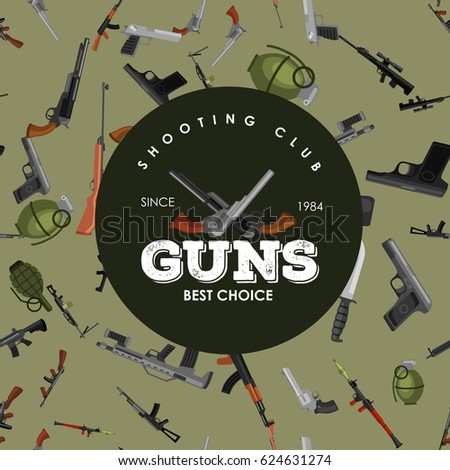military gun seamless pattern, automatic and hand weapon in magazine barrel with bullets for protection shoting or war texture, handgun for hunting and police equipment background vector illustration