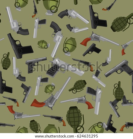 military gun seamless pattern, automatic and hand weapon in magazine barrel with bullets for protection shoting or war texture, handgun for hunting and police equipment background vector illustration