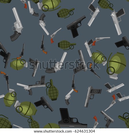 military gun seamless pattern, automatic and hand weapon in magazine barrel with bullets for protection shoting or war texture, handgun for hunting and police equipment background vector illustration