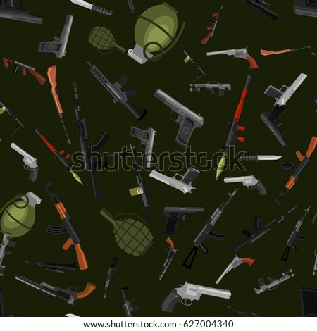 military gun seamless pattern, automatic and hand weapon in magazine barrel with bullets for protection shoting or war texture, handgun for hunting and police equipment background vector illustration