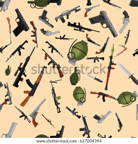 military gun seamless pattern, automatic and hand weapon in magazine barrel with bullets for protection shoting or war texture, handgun for hunting and police equipment background vector illustration