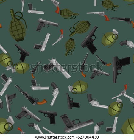 military gun seamless pattern, automatic and hand weapon in magazine barrel with bullets for protection shoting or war texture, handgun for hunting and police equipment background vector illustration