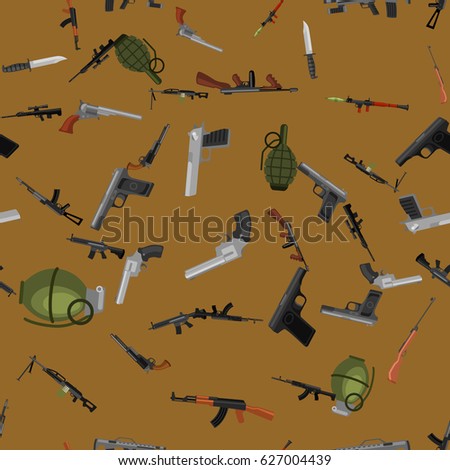 military gun seamless pattern, automatic and hand weapon in magazine barrel with bullets for protection shoting or war texture, handgun for hunting and police equipment background vector illustration
