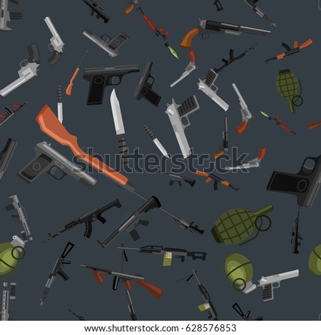 military gun seamless pattern, automatic and hand weapon in magazine barrel with bullets for protection shoting or war texture, handgun for hunting and police equipment background vector illustration