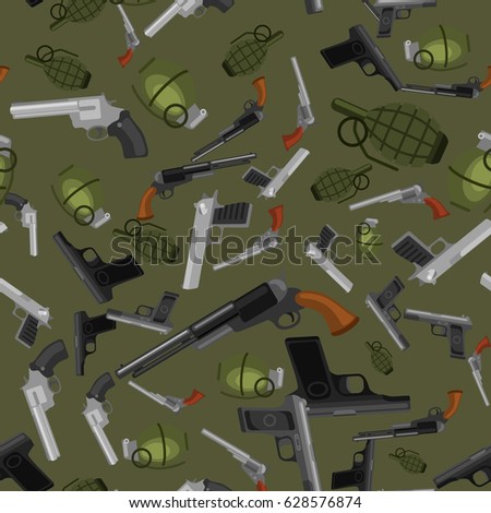 military gun seamless pattern, automatic and hand weapon in magazine barrel with bullets for protection shoting or war texture, handgun for hunting and police equipment background vector illustration