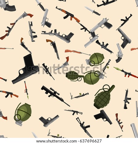 military gun seamless pattern, automatic and hand weapon in magazine barrel with bullets for protection shoting or war texture, handgun for hunting and police equipment background vector illustration