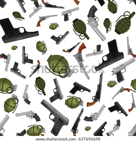 military gun seamless pattern, automatic and hand weapon in magazine barrel with bullets for protection shoting or war texture, handgun for hunting and police equipment background vector illustration